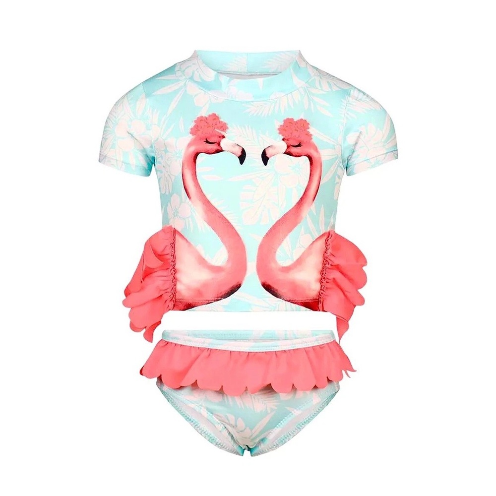 NWT Penelope Mack Toddler Girls Flamingo 3D Ruffle Rashguard 2 Piece UV 3T GA1